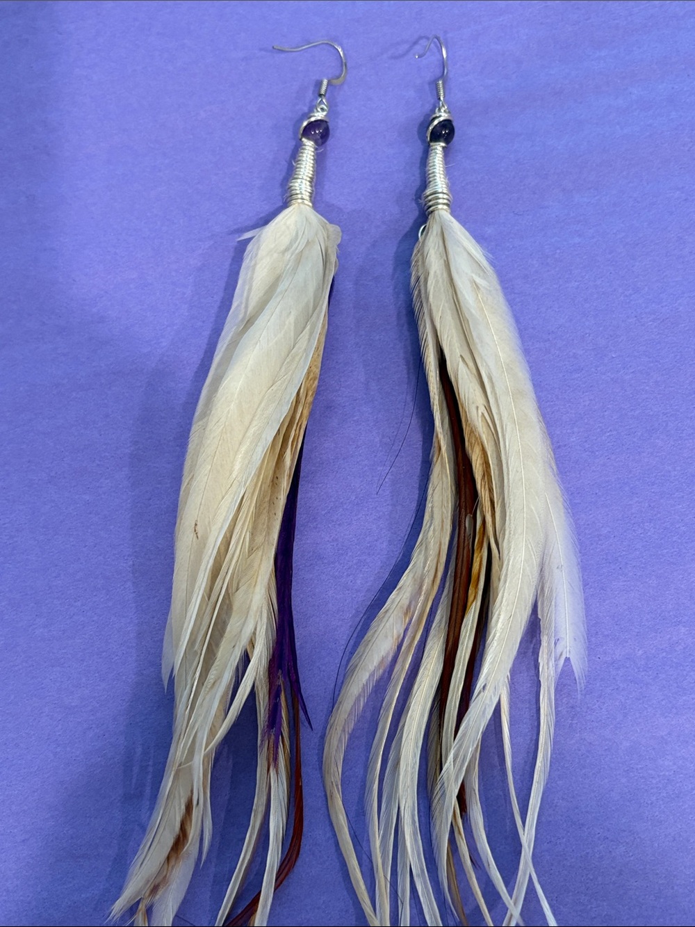 Handmade Feather Drop Earrings - Purple & Neutral tones - Picture 5 of 5
